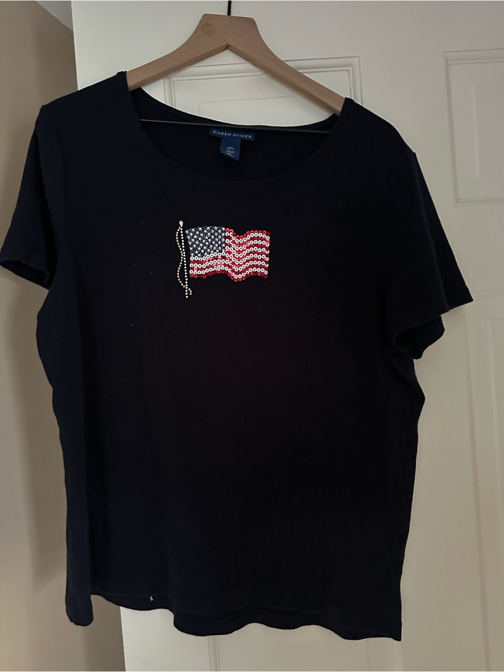 Karen Scott Blue Short-Sleeve Tee with Rhinestone Flag
